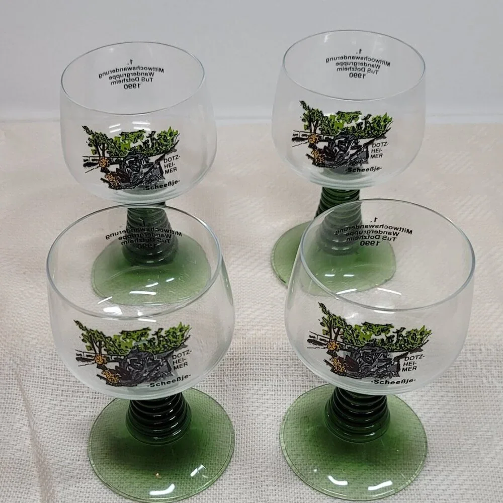 Vintage Volksmarch‎ Wine Glass DotzHeimer Scheessje, Green Stem Wine Glass 1990